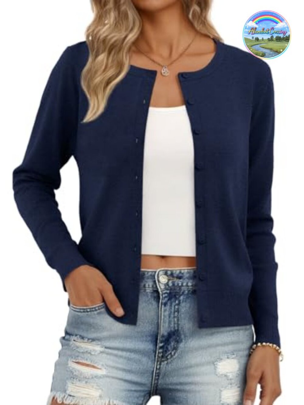 Women's Lightweight Knit Cardigan Button Long Sleeve Crew Neck Sweater